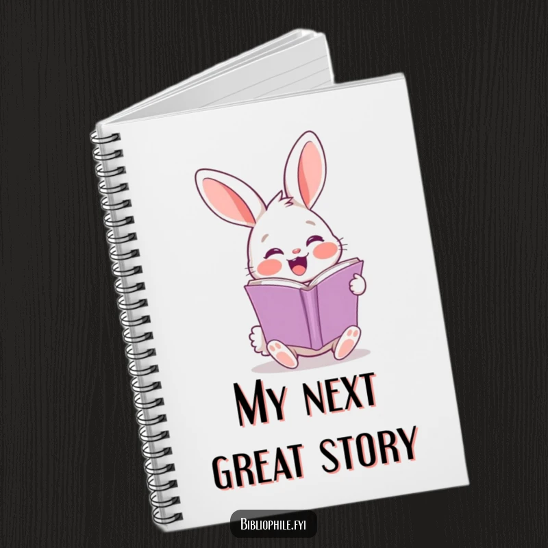 Funny rabbit notebook with a cheerful character turning a page, perfect for writing and creativity.