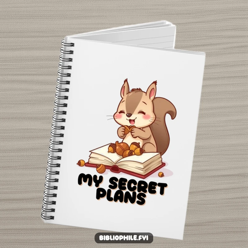 Funny squirrel storing acorns in a book on a notebook cover, encouraging planning and organization with humor, a great funny gift.