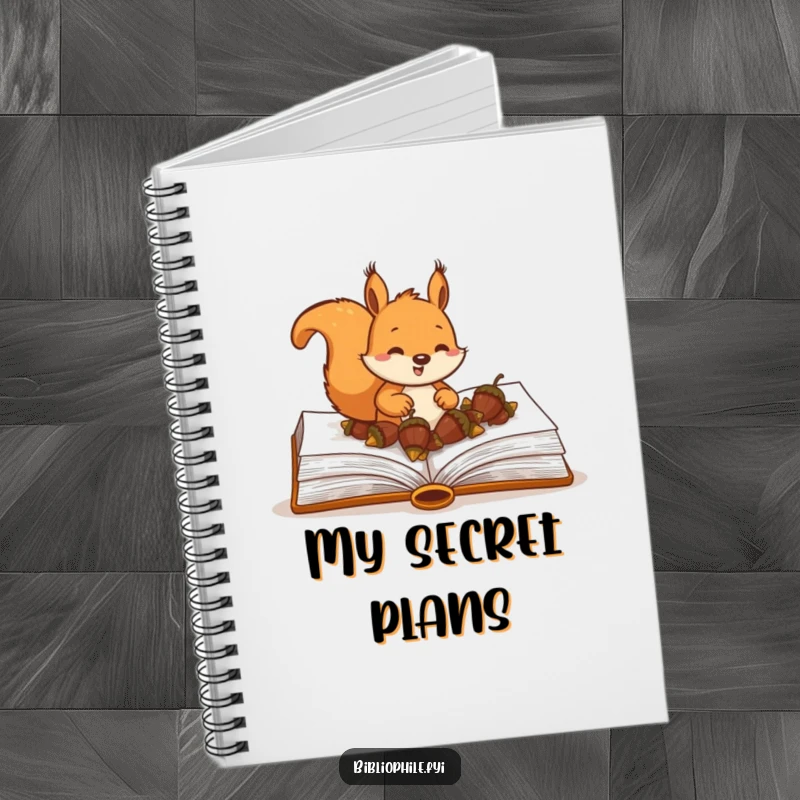 Funny Squirrel Notebook featuring a happy squirrel character burying acorns within the pages of a large hardcover book, ideal for writing.