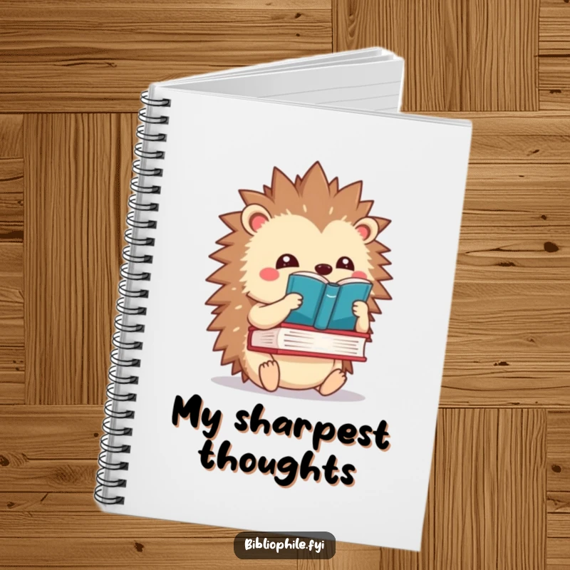Funny kawaii hedgehog balancing a book on its spines, featured on the cover of a cute and humorous notebook.