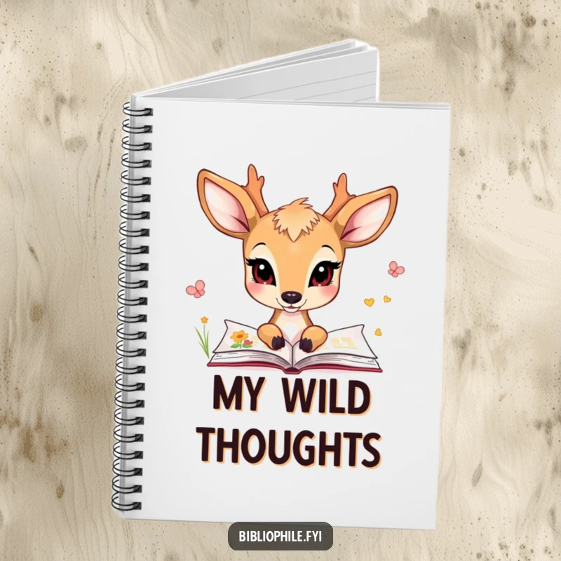 Funny notebook with a charming deer character looking at illustrated pages, perfect for sketching and writing.