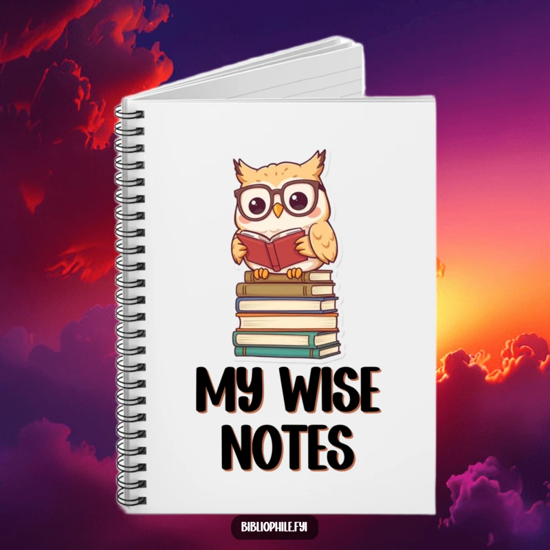 Funny kawaii owl character wearing reading glasses, perched on books, featured on a scholarly notebook.