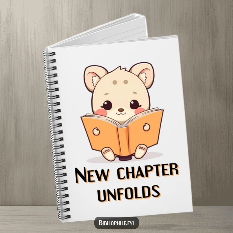 Funny notebook with a cute animal character happily reading an oversized book, ideal for journaling or notes.