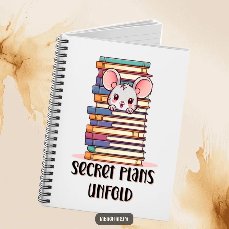 Funny notebook with a cute mouse character peeking from behind a towering pile of books, perfect for journaling secrets.