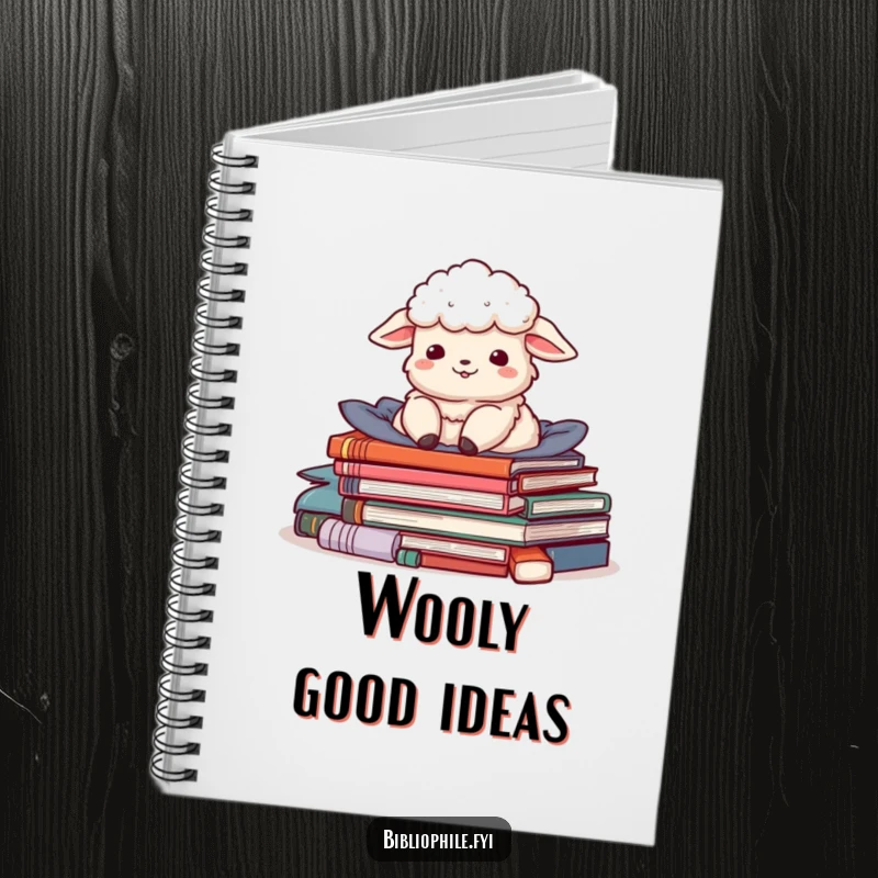 Funny notebook with a delighted sheep character nestled in a pile of stories, ideal for journaling or notes.