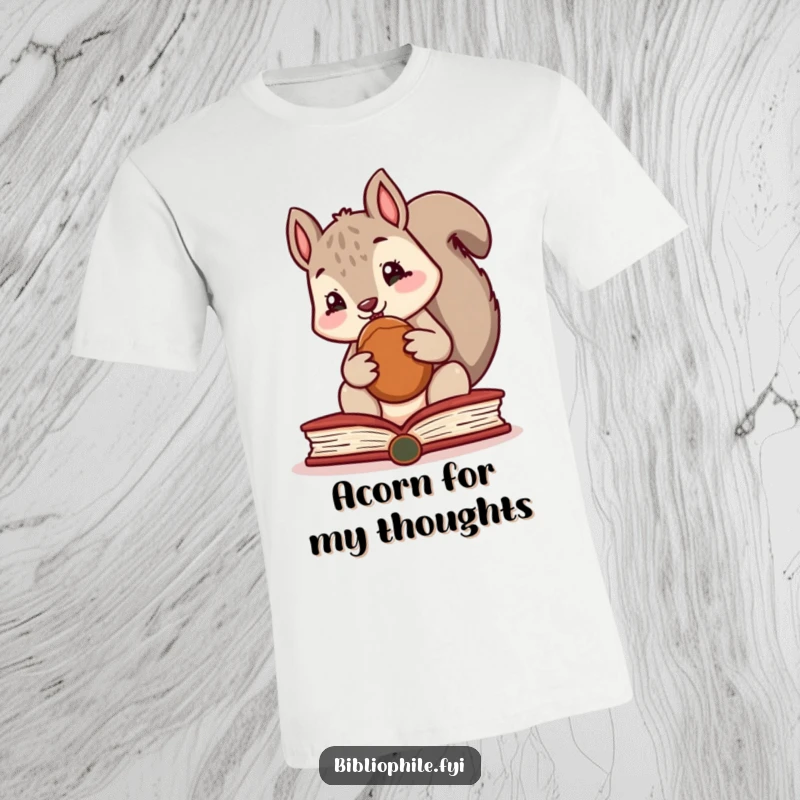 Funny t-shirt depicting a cute, mischievous squirrel hiding a nut within the pages of a book, celebrating reading.