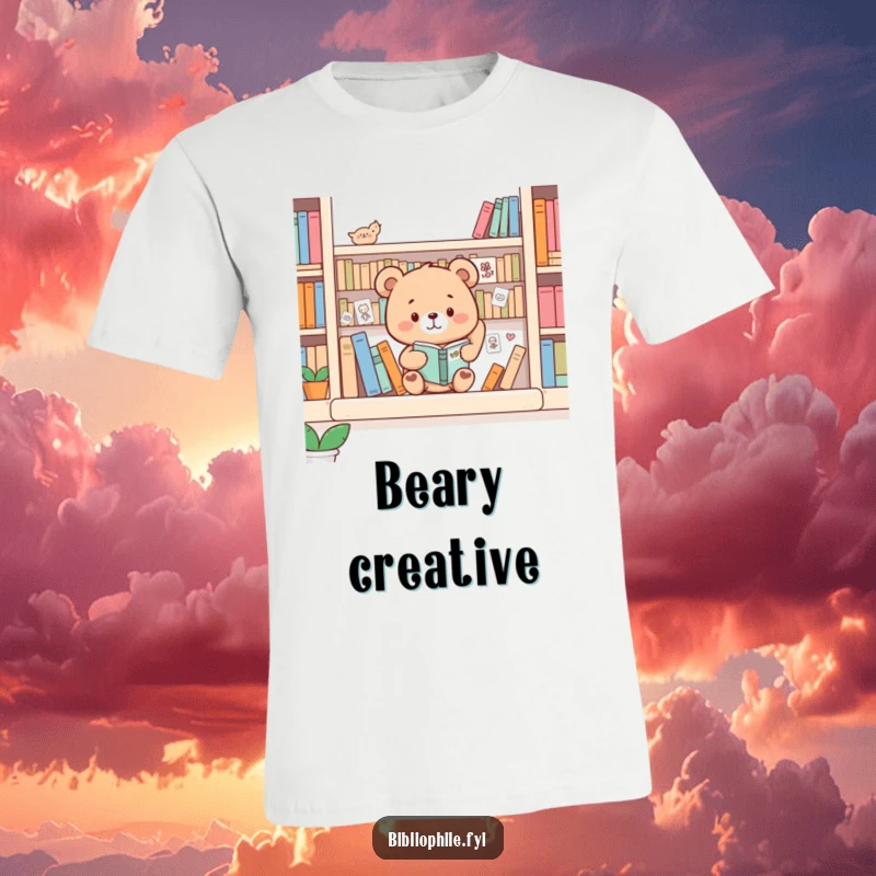 Funny Bear T-Shirt: Adorable bear happily decorating a bookshelf with small drawings, artistic and fun.