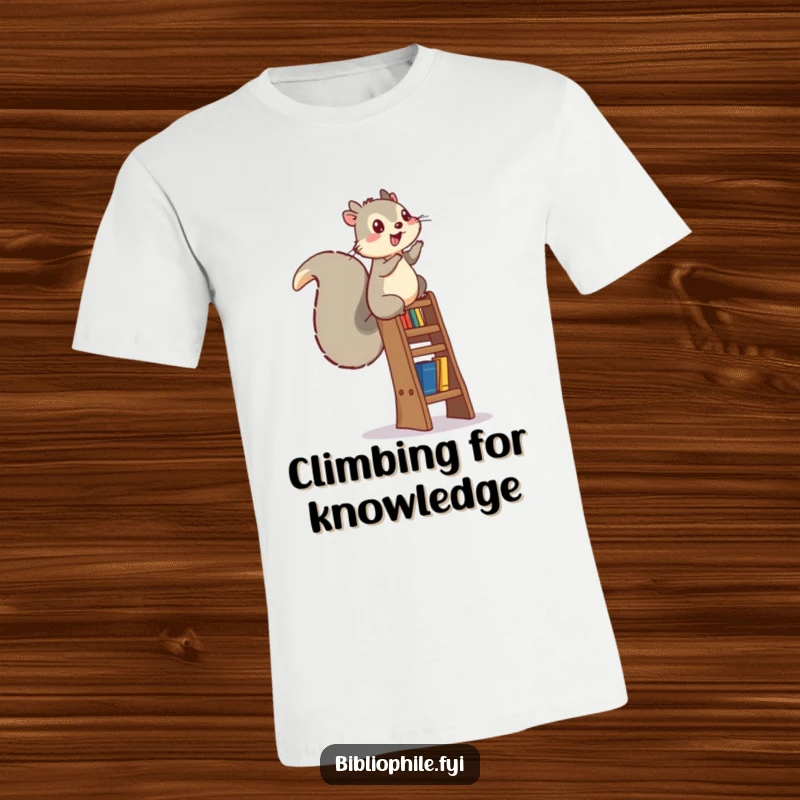 An energetic squirrel climbing a bookshelf ladder, designed on a humorous t-shirt for book lovers.