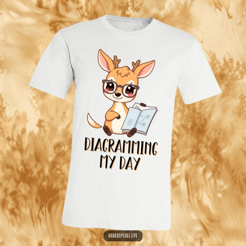 Funny Deer T-Shirt featuring a cute deer character wearing spectacles and pointing at a book diagram, celebrating intelligence and humor.