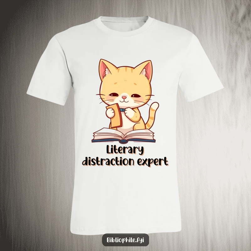 Funny Cat T-Shirt featuring a cute cat character batting playfully at a dangling bookmark from a book, showcasing a love for reading and humor.