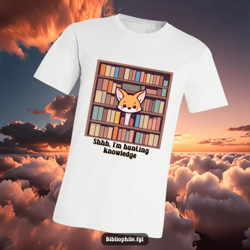 Funny Fox T-Shirt: A charming fox peeks playfully from behind a tall bookshelf, showcasing a book lover's curious and witty side.