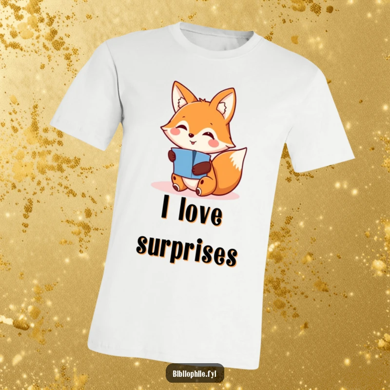 Funny t-shirt featuring a smiling fox character excitedly discovering a hidden pop-up, symbolizing joy and playful exploration.