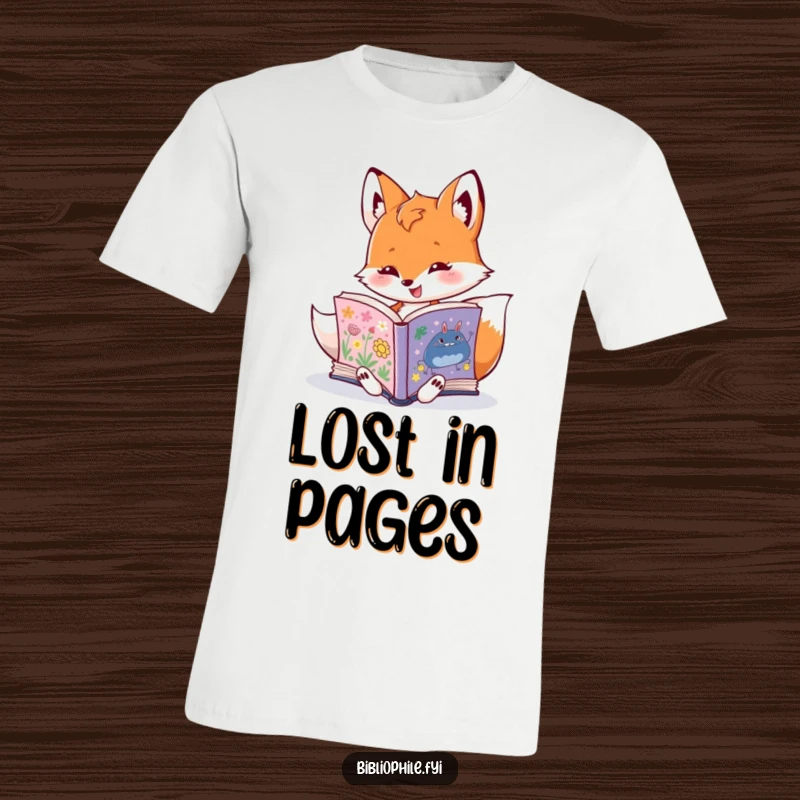 Funny fox character engrossed in an illustrated book, on a soft t-shirt, embodying the joy of reading, a humorous gift.