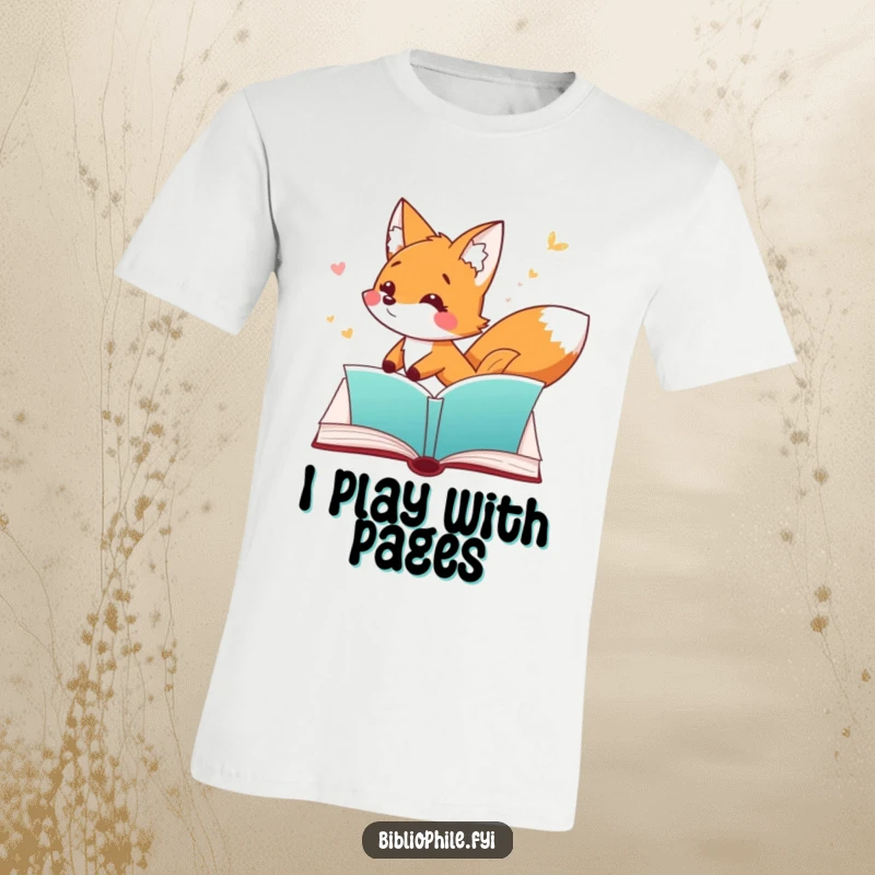 Funny Fox T-Shirt featuring a playful fox character chasing a fluttering bookmark through an open page, perfect for book lovers.