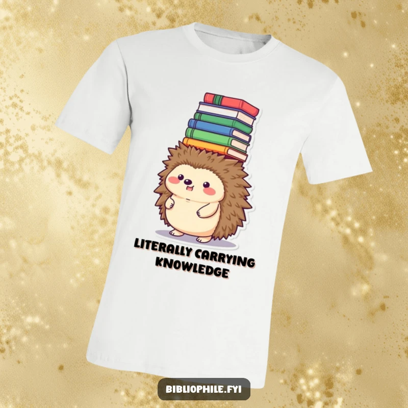 Funny hedgehog t-shirt, balancing a tower of books on its head, unique and funny gift for readers.
