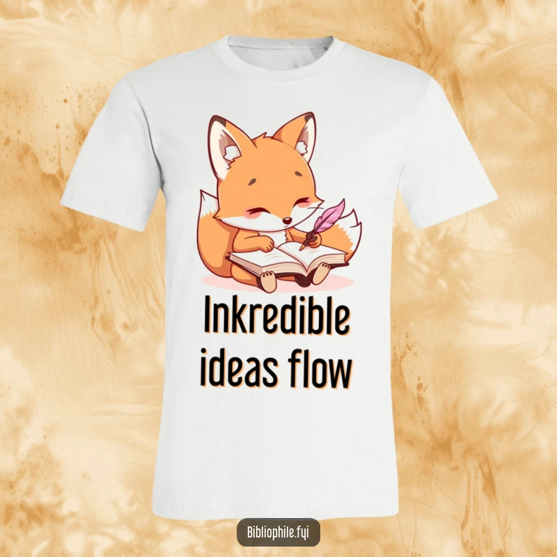 Funny kawaii fox character intently writing in a journal with a quill, hilariously capturing thoughts on apparel.