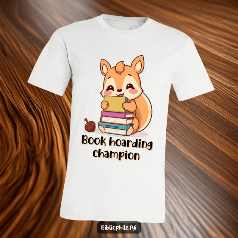 Funny kawaii squirrel hoarding a pile of books like acorns, printed on a comical and comfortable t-shirt.