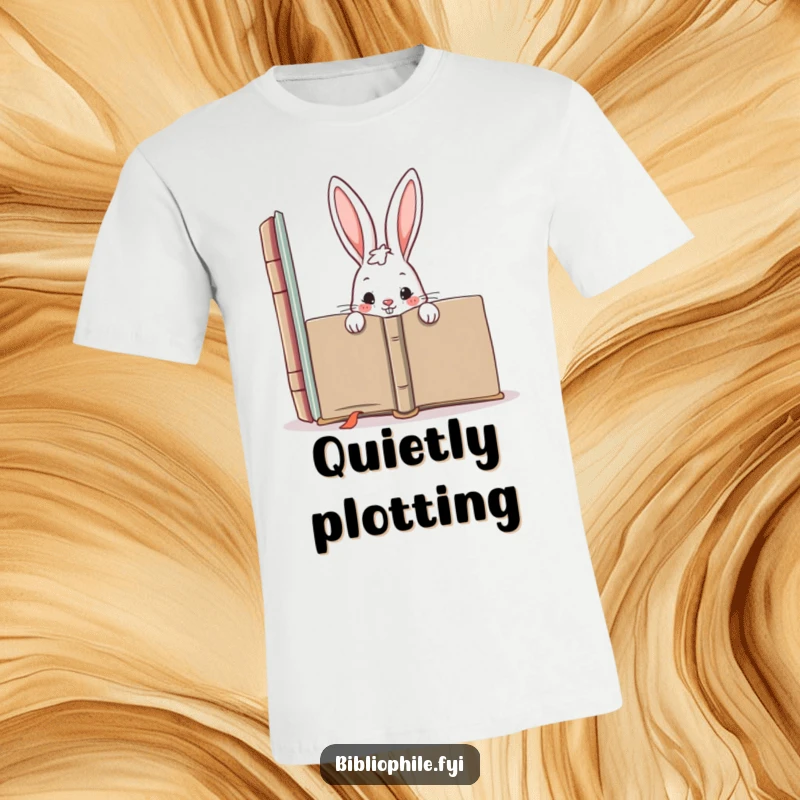 Funny t-shirt featuring a mischievous rabbit peeking from behind a giant book, embodying playful secrecy and a love for hidden stories.
