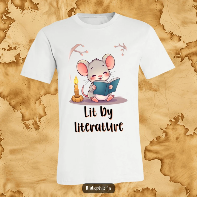 Funny t-shirt showcasing a happy mouse character reading a book by the soft light of a candle, embodying quiet joy.