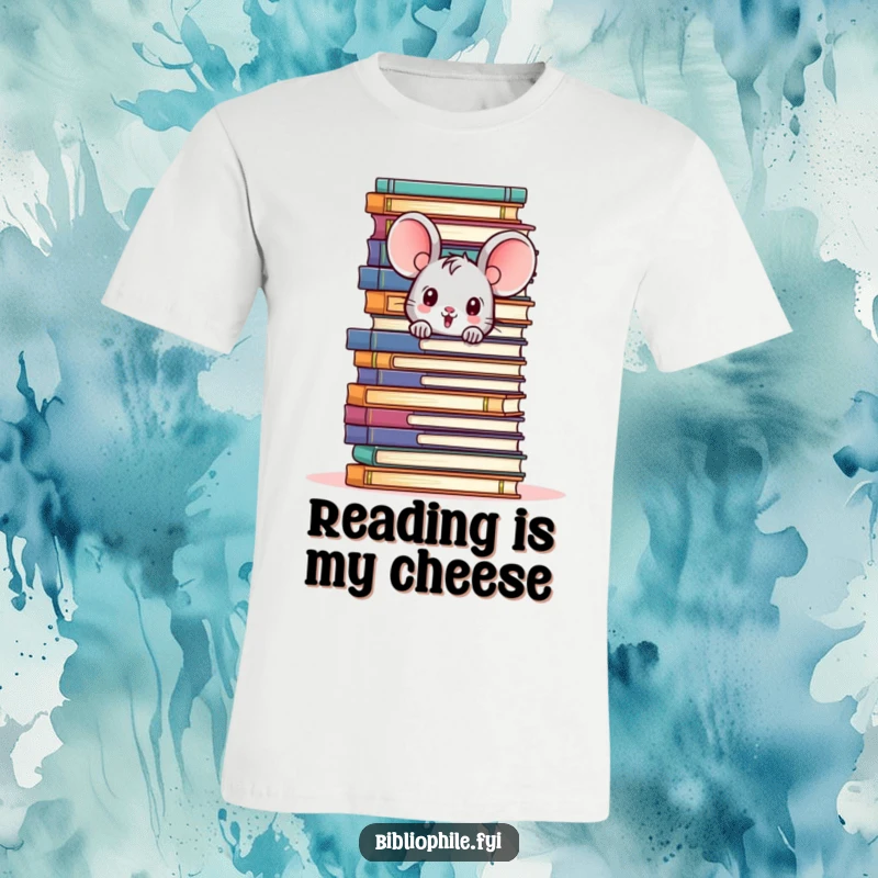 Funny t-shirt showing a cute mouse character peeking from behind a towering stack of books, a symbol of curiosity and reading.