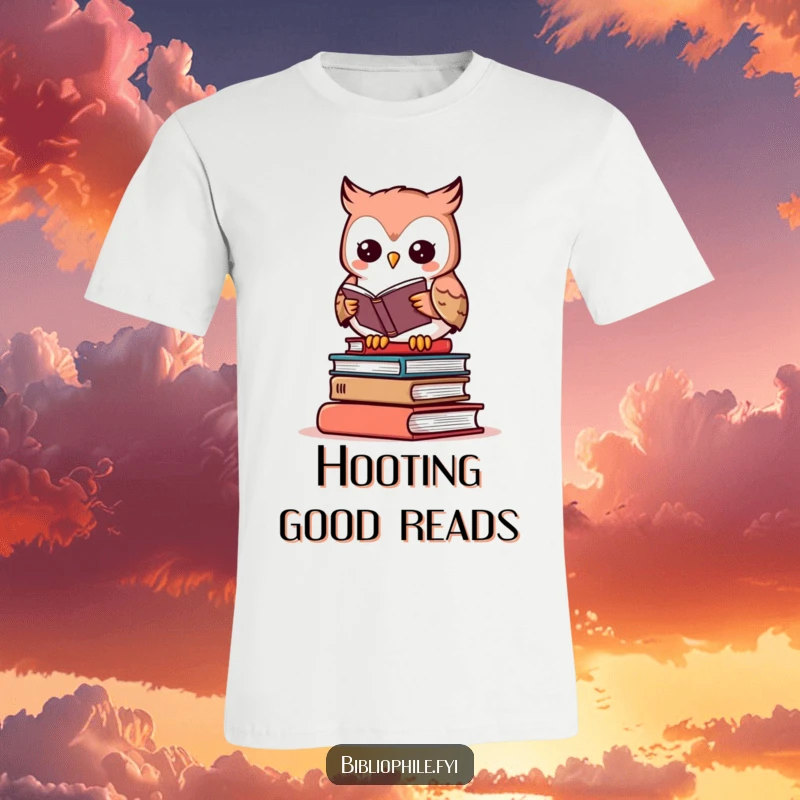 Funny owl t-shirt featuring a cute character perched on books, reading with humor.