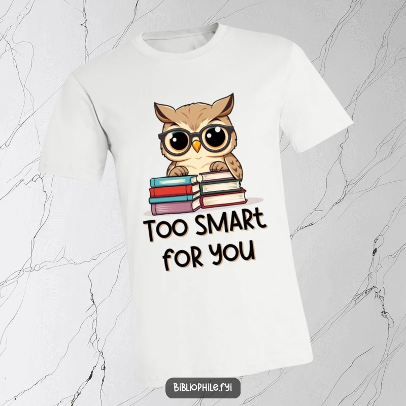 Funny wise owl with glasses engrossed in a stack of books, printed on a comfortable t-shirt.