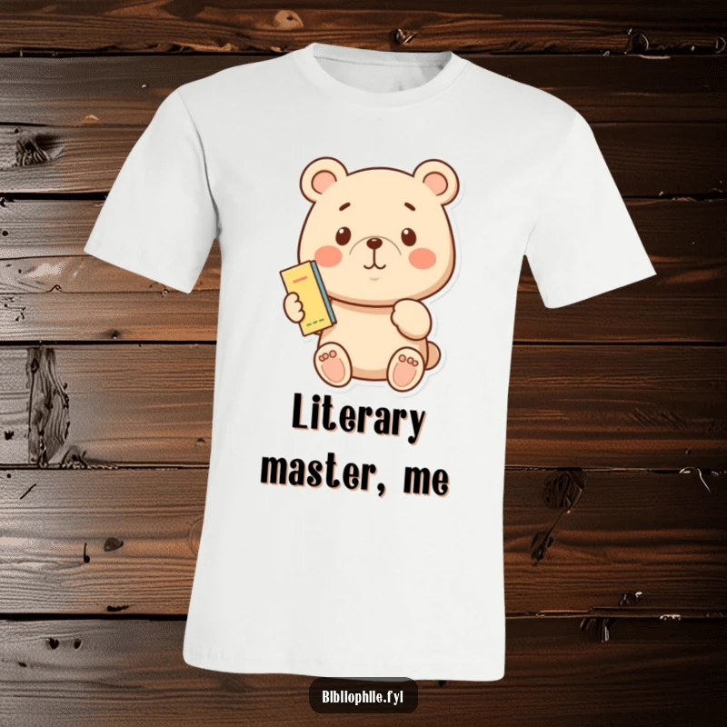 A proud bear holding a small bookmark, smiling contentedly, featured on a humorous t-shirt for book enthusiasts.