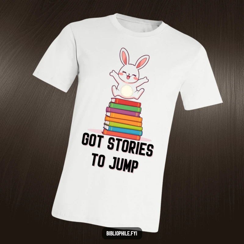 A cheerful rabbit leaping high over a pile of colorful storybooks, printed on a fun t-shirt.