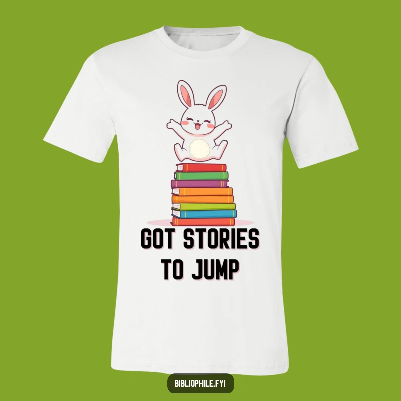 Wear your enthusiasm for reading with this funny t-shirt! A cheerful rabbit leaping over books makes this tee a delightful statement piece.