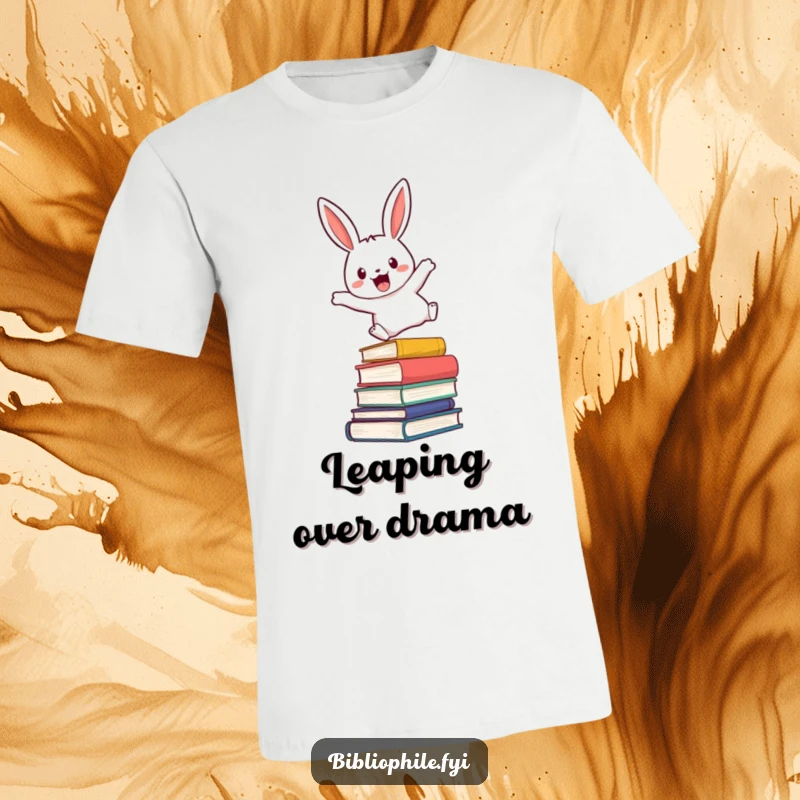 Funny t-shirt depicting a cute rabbit character energetically leaping over a stack of novels, symbolizing an avid and enthusiastic reader.