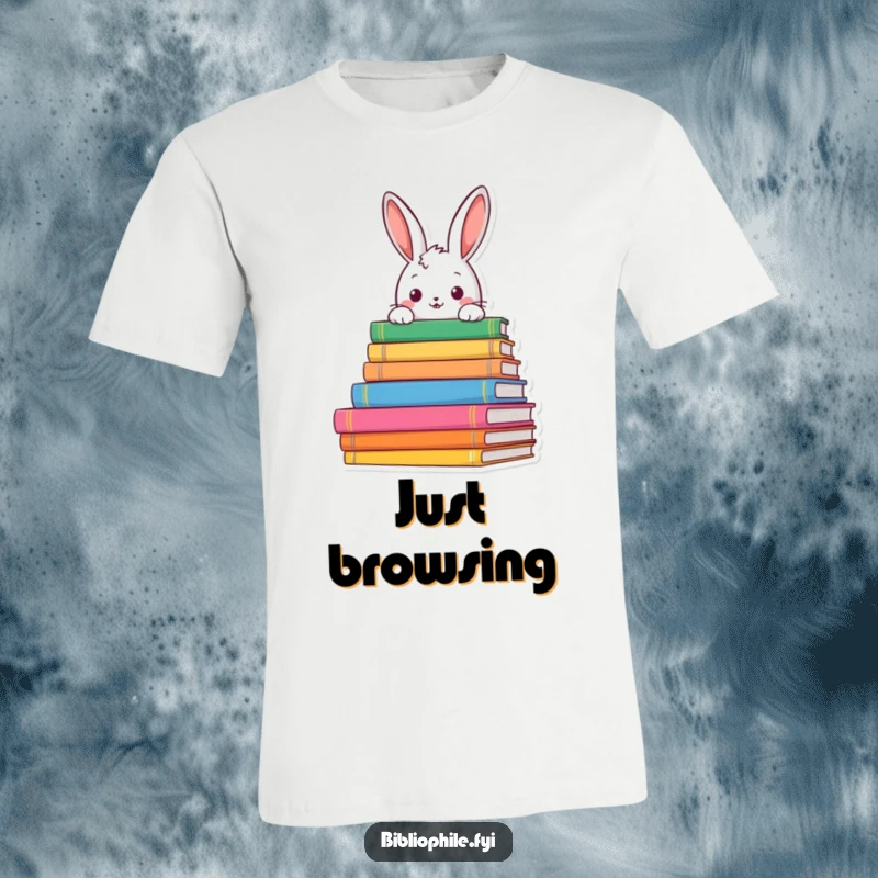 Funny rabbit peeking curiously over colorful books on a t-shirt, expressing a love for reading, a humorous gift idea.