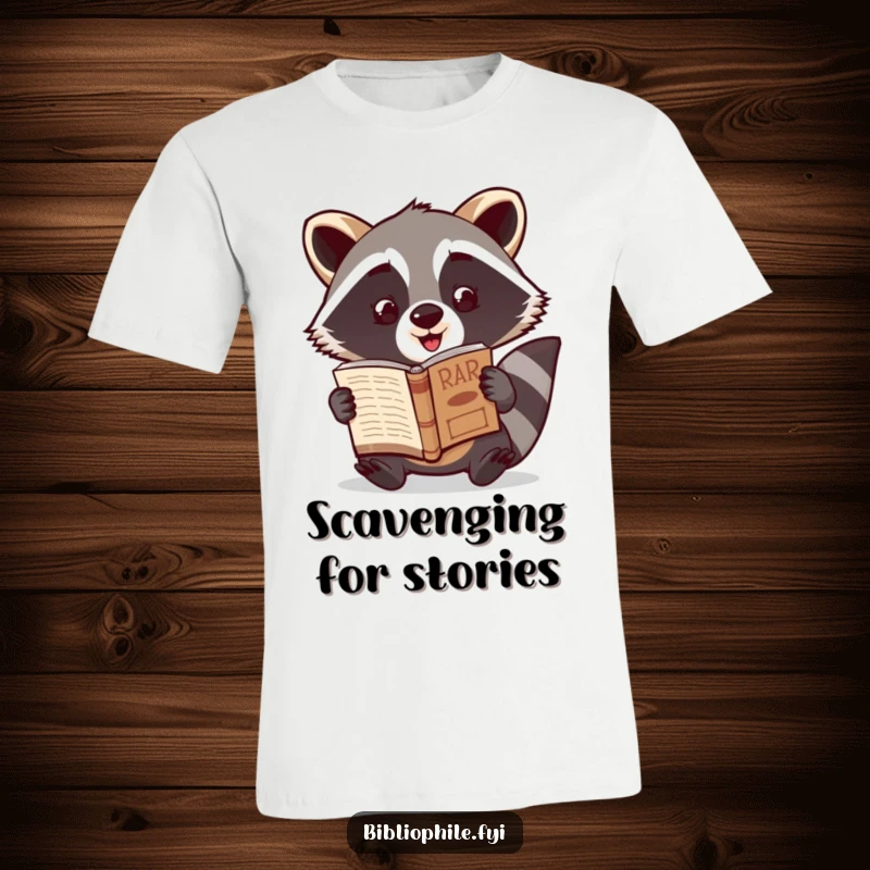 Funny Raccoon T-Shirt featuring a cute raccoon character excitedly showcasing a newly discovered rare book, celebrating discovery and humor.