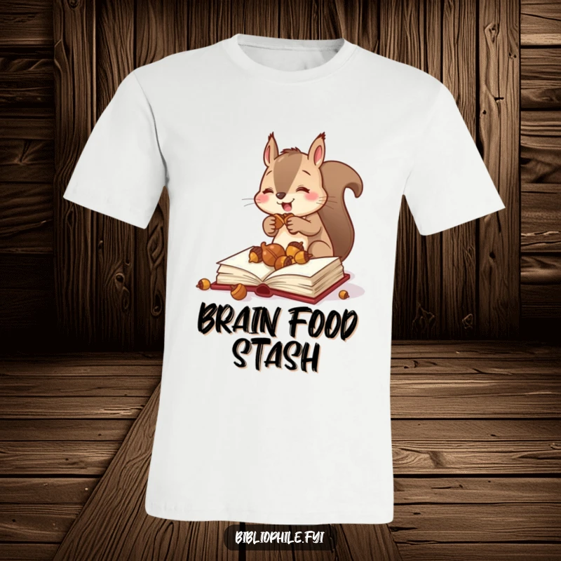 Funny squirrel enthusiastically storing acorns in a hollow book on a t-shirt, symbolizing preparedness, a humorous gift.