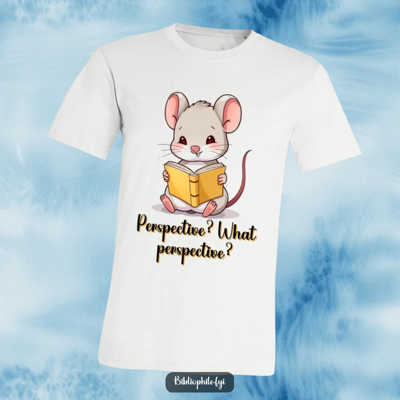 Funny Mouse Reading T-Shirt featuring a cute mouse character amusingly reading a tiny book upside down, showcasing a love for literature and humor.