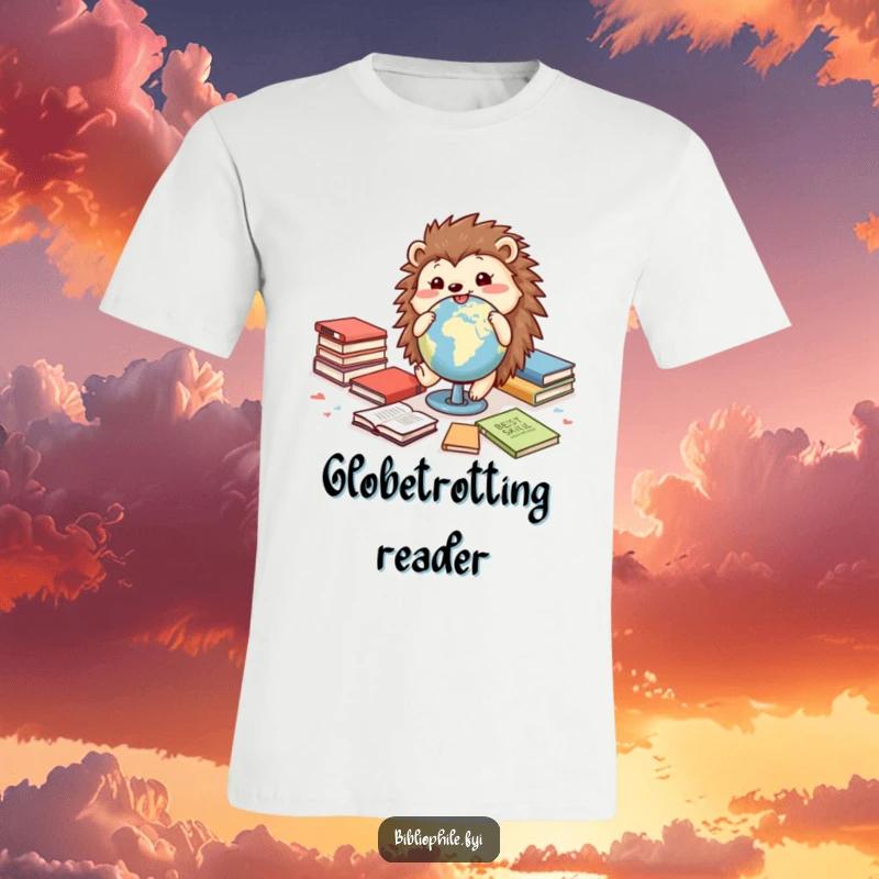 Funny t-shirt depicting a cheerful hedgehog rolling a globe amidst books, celebrating exploration and a love for reading.