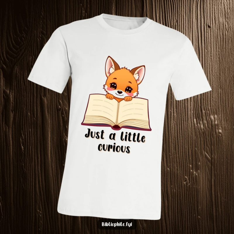 Funny, curious fox puppy peeking out from behind a large open book, printed on a soft t-shirt.