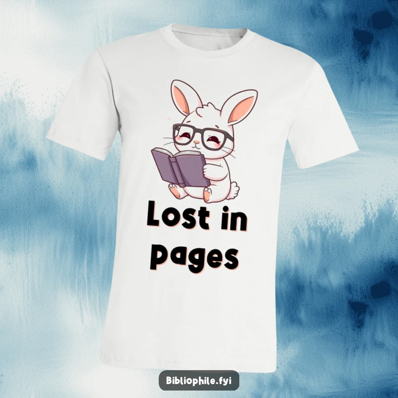 Funny Rabbit T-Shirt: Cute rabbit wearing reading glasses, deeply absorbed in a story.