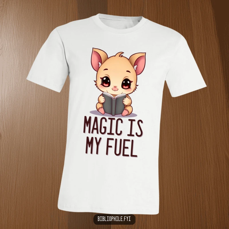 A wide-eyed, tiny creature captivated by a magical-looking book, printed on a humorous t-shirt.