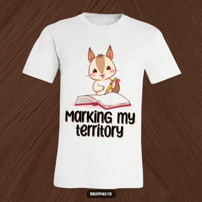 Funny squirrel excitedly using a tiny ribbon to mark a page in a book, printed on a t-shirt.