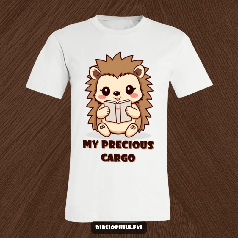 Funny Hedgehog T-Shirt featuring a cute hedgehog character carefully carrying a small book, emphasizing gentle care and a love for stories.