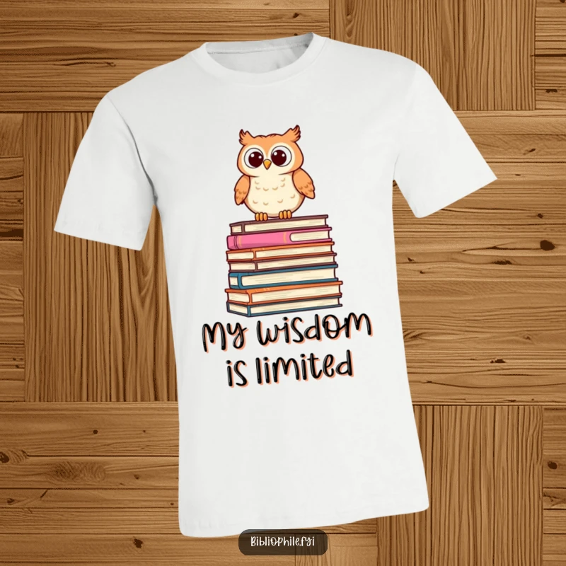 Funny Owl T-Shirt featuring a cute, stylized owl perched on a stack of oversized books, peering curiously, ideal for book lovers.