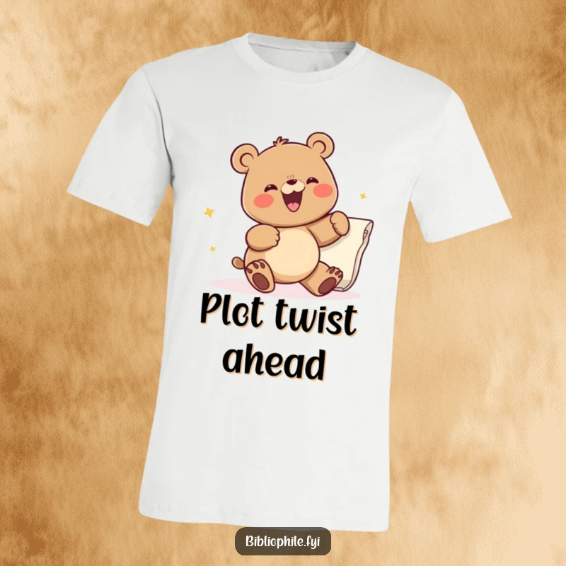 Funny t-shirt featuring a delighted bear character eagerly turning a massive book page, celebrating the joy of discovery and reading.