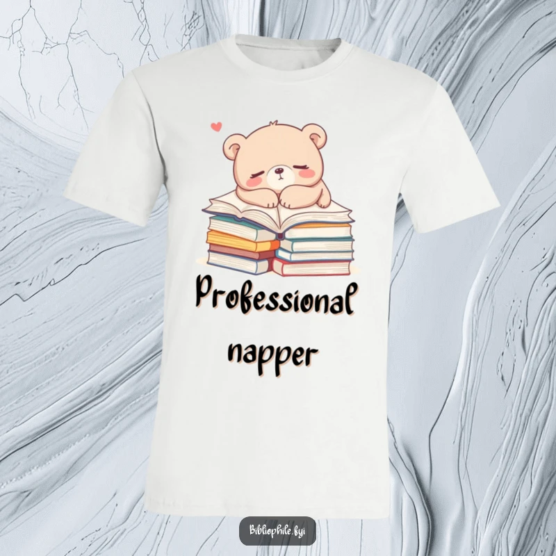Funny bear napping on open books on a t-shirt, conveying ultimate relaxation and love for reading, a humorous gift.