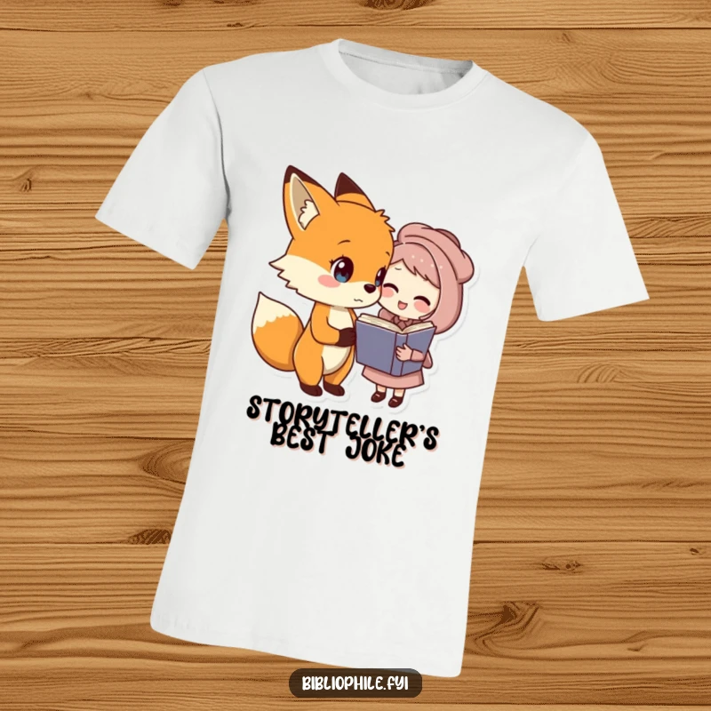 Funny fox and book character t-shirt, a fox telling a joke to a book character, playful funny gift.