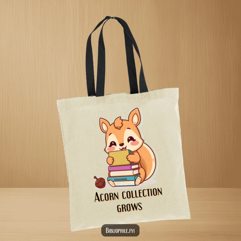 Funny kawaii squirrel hoarding books like acorns, printed on a durable and comical tote bag for readers.