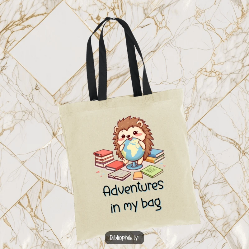 Funny tote bag featuring a cheerful hedgehog rolling a globe among books, perfect for carrying books and travel gear.