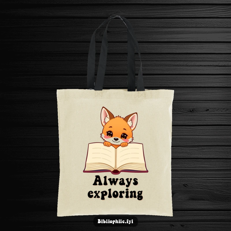 Funny fox puppy peeking out from behind a large, open book, printed on a sturdy and stylish tote bag.