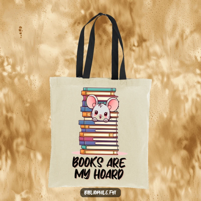 Funny tote bag with a cute mouse character peeking from behind a towering pile of books, ideal for book lovers.