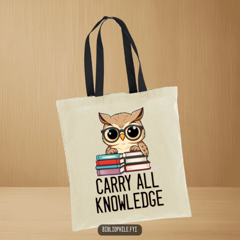 Funny wise owl with glasses peeking over a stack of books, printed on a durable tote bag.