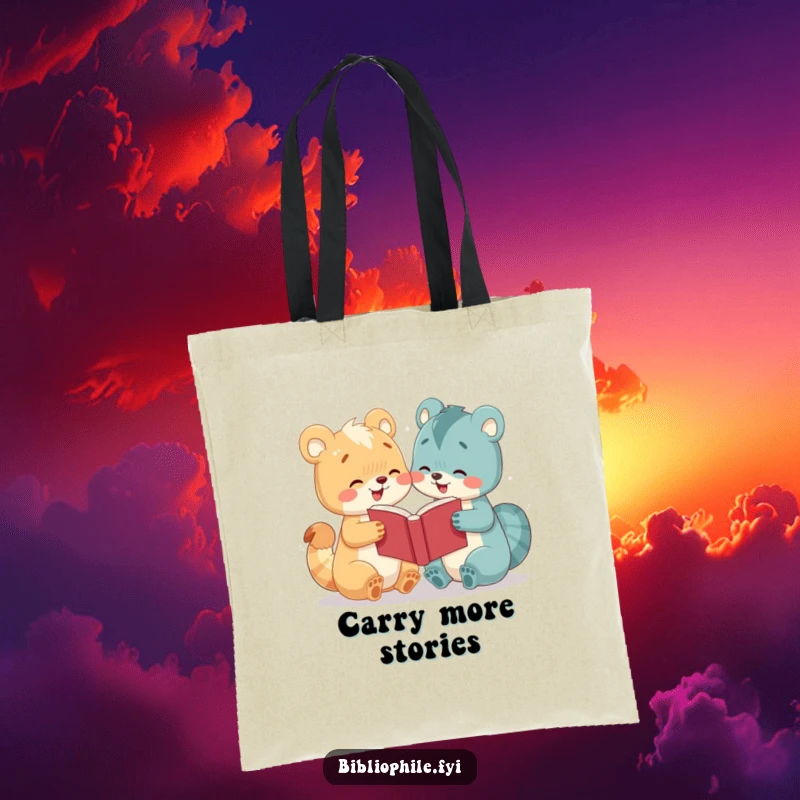 Funny tote bag depicting a cute animal character joyfully offering a book to another, celebrating shared stories and reading.